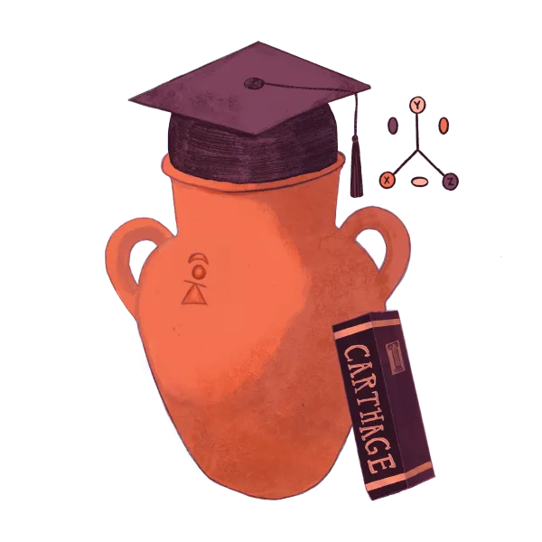 An amphora wearing a graduation cap, with a book titled Carthage