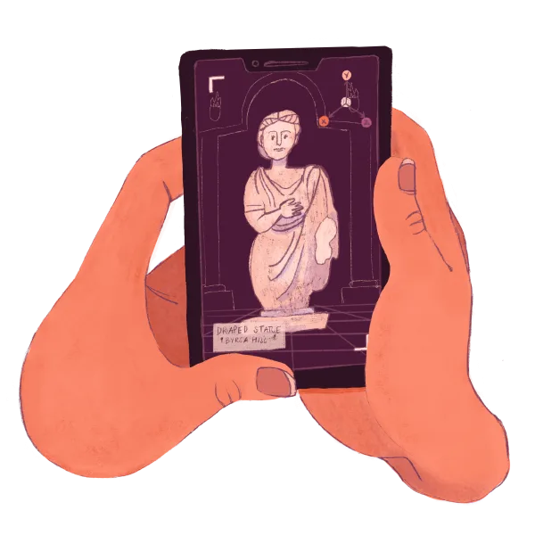 Two hands holding a phone that shows the Draped Statue of Byrsa Hill in augmented reality