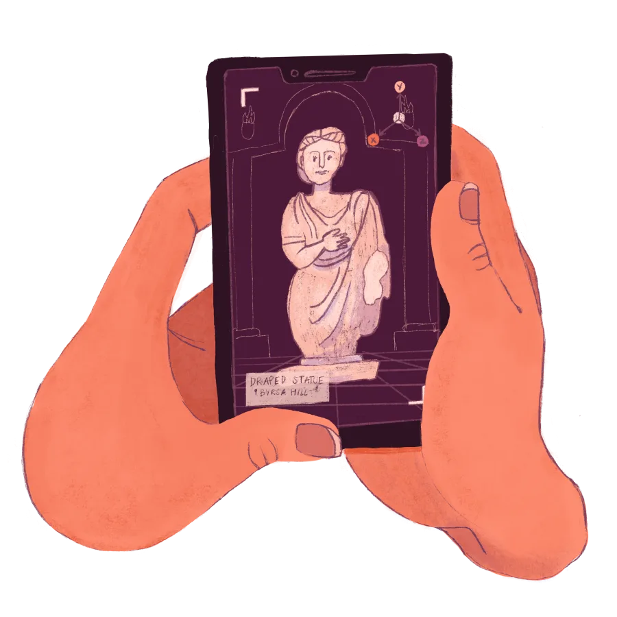 Two hands holding a phone that shows the Draped Statue of Byrsa Hill in augmented reality