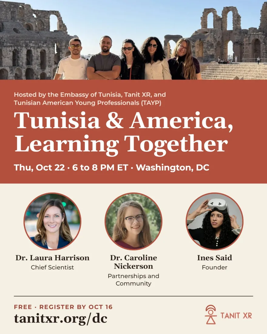 Event flyer: Tunisia and America, Learning Together. Thursday October 22, 6 to 8pm ET, Washington, DC. Free, register by October 16 at tanitxr.org/dc