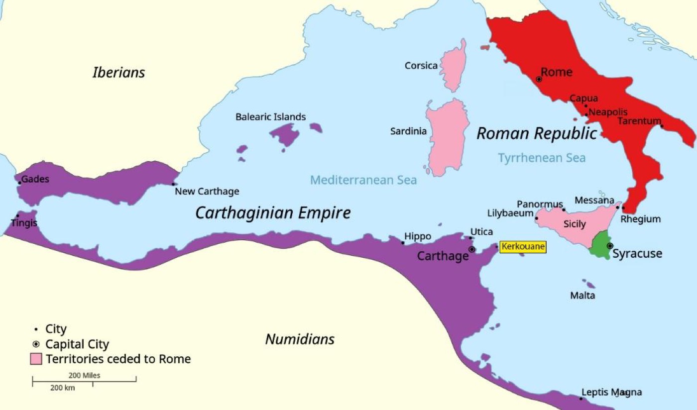 Figure 6: Territories involved in the First Punic War, with Kerkouane highlighted in yellow. Map by GalaxMaps, CC BY-SA 4.0, via Wikimedia Commons; modified by Laura Harrison.